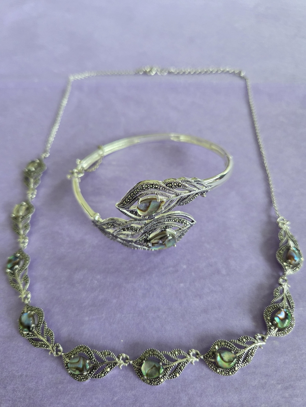 Sterling Silver Peacock Abalone Necklace and Bracelet Set